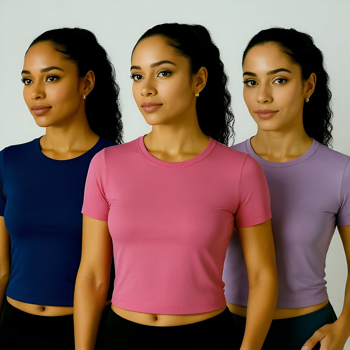 Kit com 3 camisetas femininas baby look cropped de manga curta