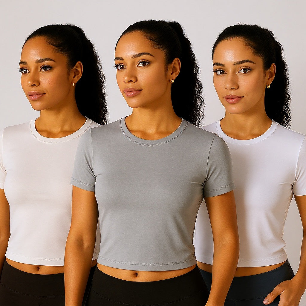 Kit com 3 camisetas femininas baby look cropped de manga curta