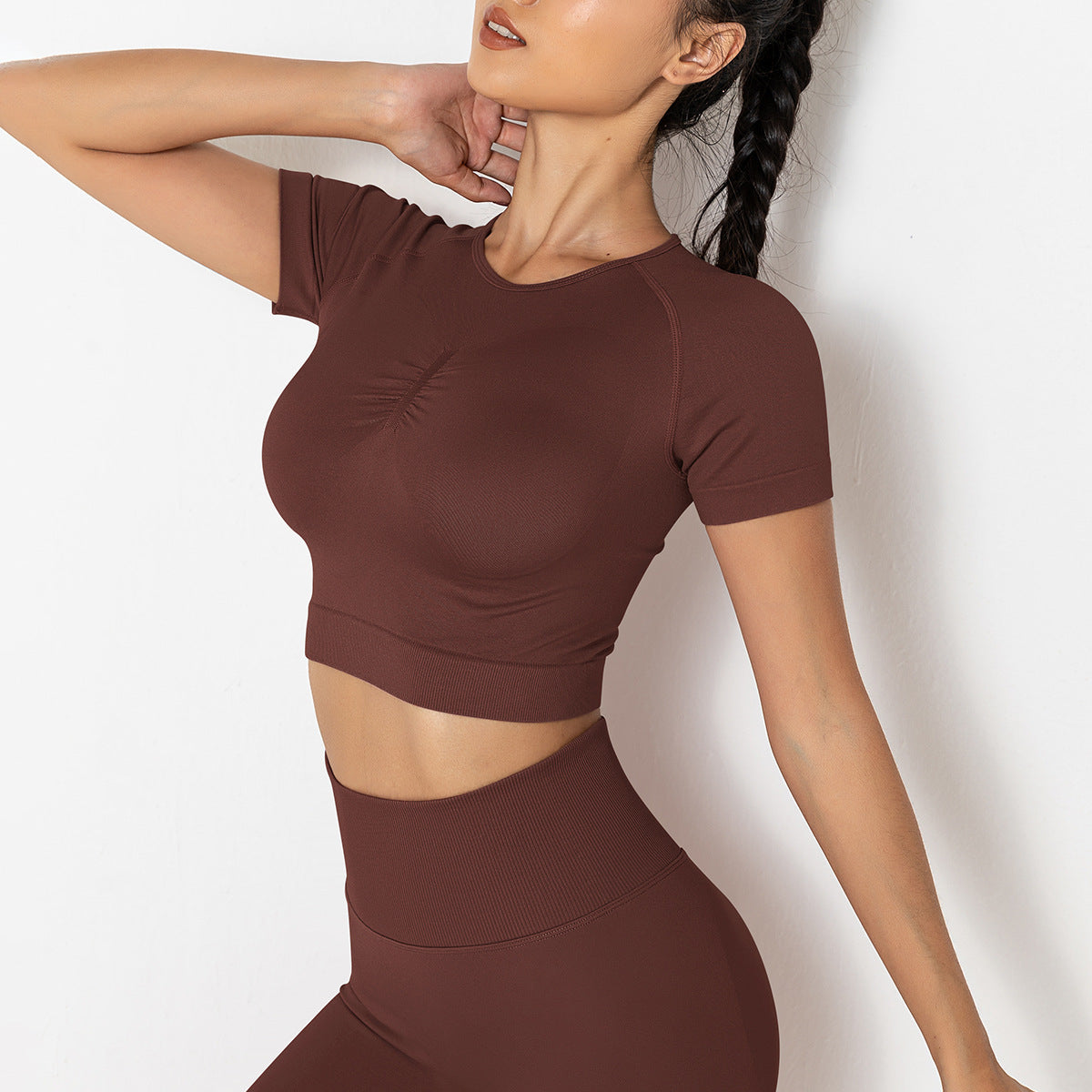 Seamless Knitted Solid Color T-shirt Sports Running Fitness Short-sleeved Top For Women